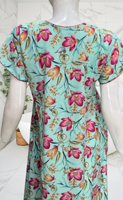 Sea Green Garden Smocking Soft Cotton Nighty. Soft Breathable Fabric | Laces and Frills