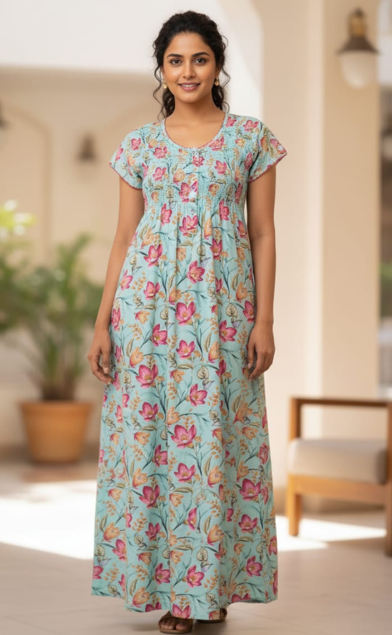 Sea Green Garden Smocking Soft Cotton Nighty. Soft Breathable Fabric | Laces and Frills