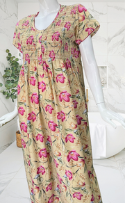 Cream Garden Smocking Soft Cotton Nighty. Soft Breathable Fabric | Laces and Frills