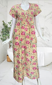 Cream Garden Smocking Soft Cotton Nighty. Soft Breathable Fabric | Laces and Frills