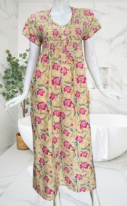 Cream Garden Smocking Soft Cotton Nighty. Soft Breathable Fabric | Laces and Frills