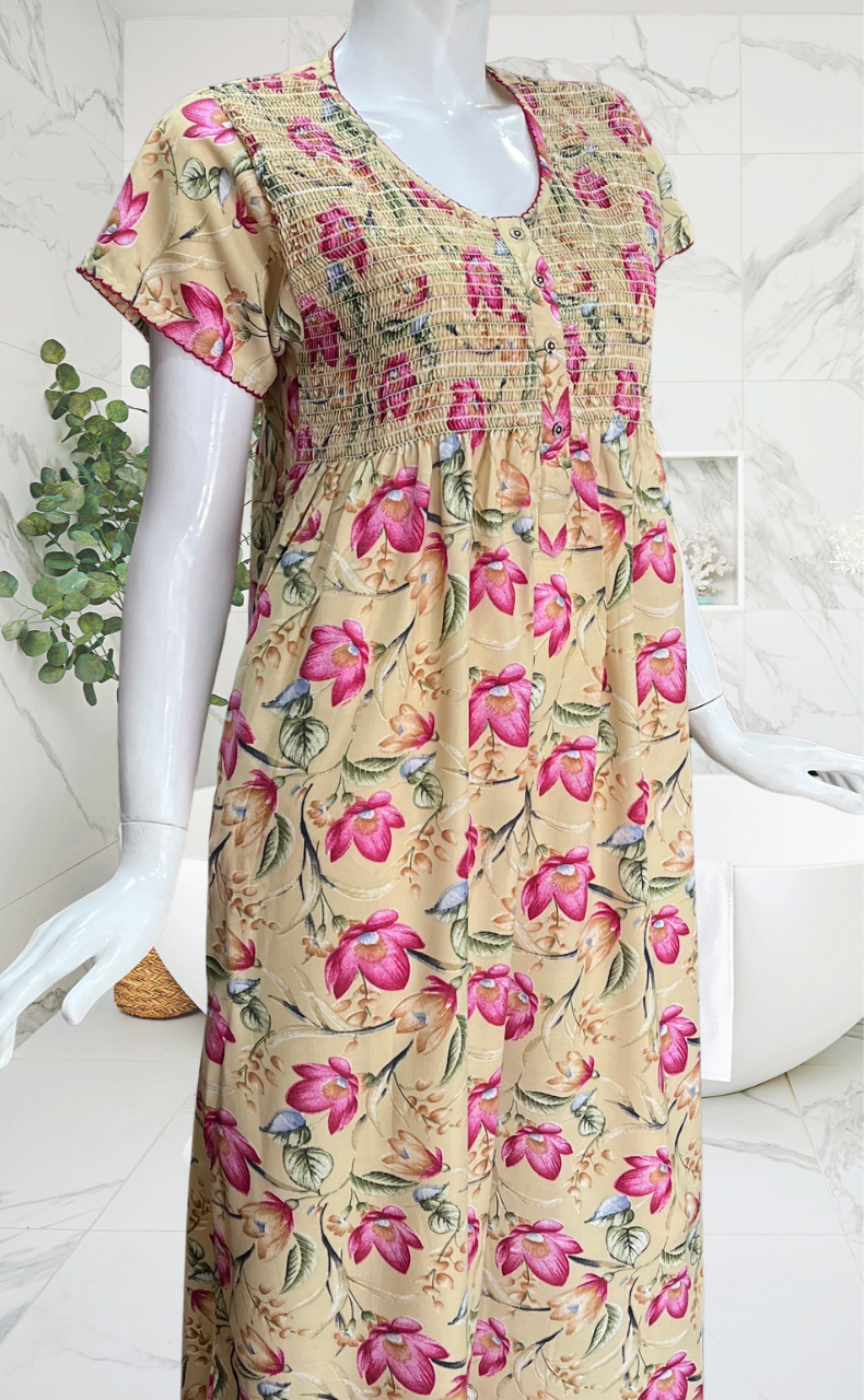 Cream Garden Smocking Soft Cotton Nighty. Soft Breathable Fabric | Laces and Frills