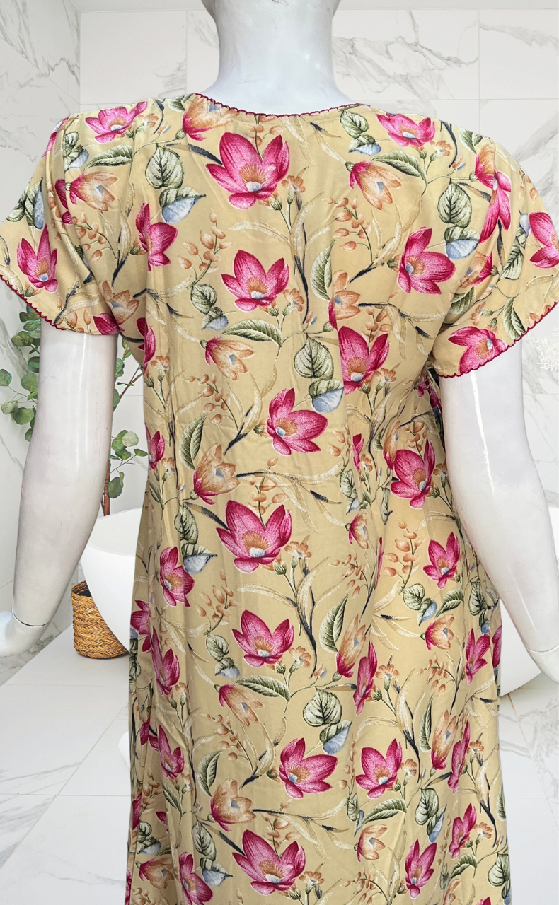 Cream Garden Smocking Soft Cotton Nighty. Soft Breathable Fabric | Laces and Frills