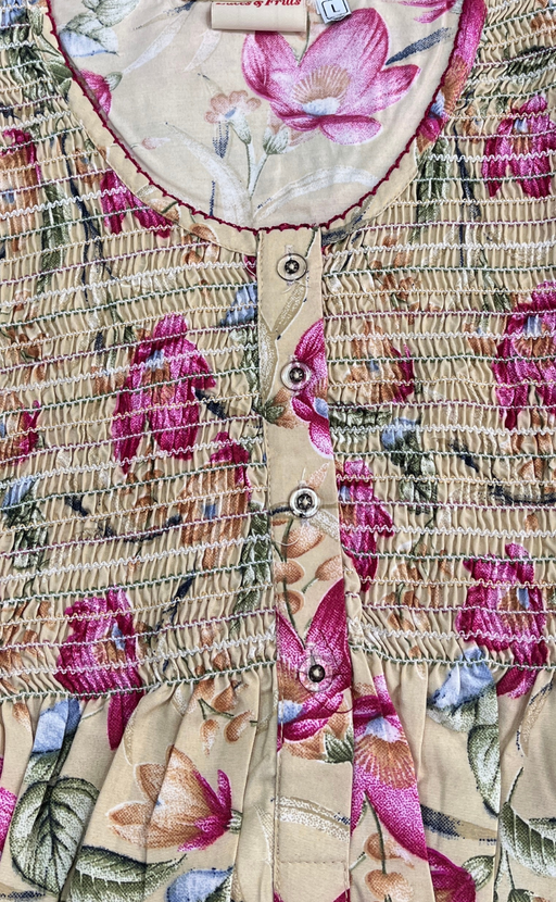 Cream Garden Smocking Soft Cotton Nighty. Soft Breathable Fabric | Laces and Frills