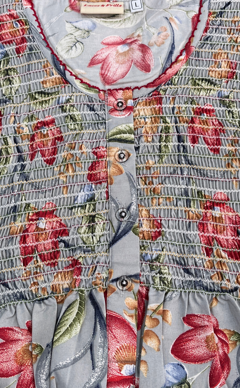 Grey Garden Smocking Soft Cotton Nighty. Soft Breathable Fabric | Laces and Frills