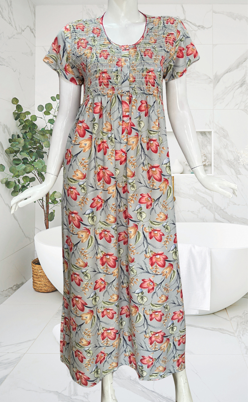 Grey Garden Smocking Soft Cotton Nighty. Soft Breathable Fabric | Laces and Frills