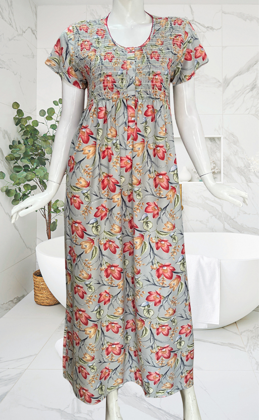 Grey Garden Smocking Soft Cotton Nighty. Soft Breathable Fabric | Laces and Frills