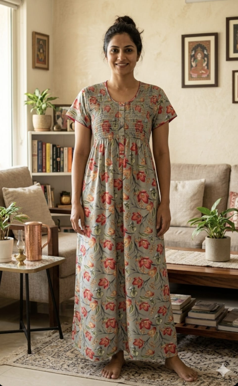 Grey Garden Smocking Soft Cotton Nighty. Soft Breathable Fabric | Laces and Frills - Laces and Frills