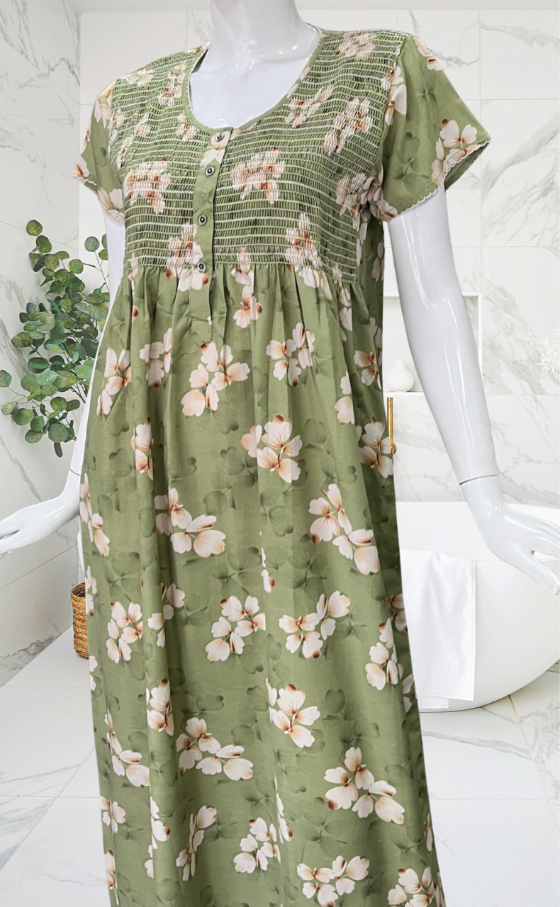 Pista Green Floral Smocking Soft Cotton Nighty. Soft Breathable Fabric | Laces and Frills