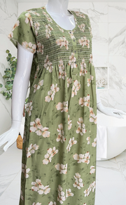 Pista Green Floral Smocking Soft Cotton Nighty. Soft Breathable Fabric | Laces and Frills