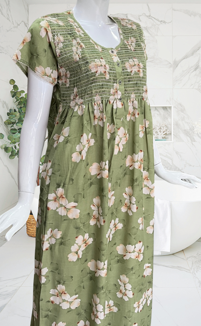 Pista Green Floral Smocking Soft Cotton Nighty. Soft Breathable Fabric | Laces and Frills