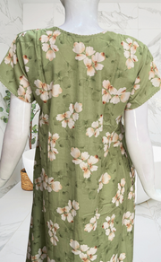 Pista Green Floral Smocking Soft Cotton Nighty. Soft Breathable Fabric | Laces and Frills