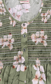 Pista Green Floral Smocking Soft Cotton Nighty. Soft Breathable Fabric | Laces and Frills
