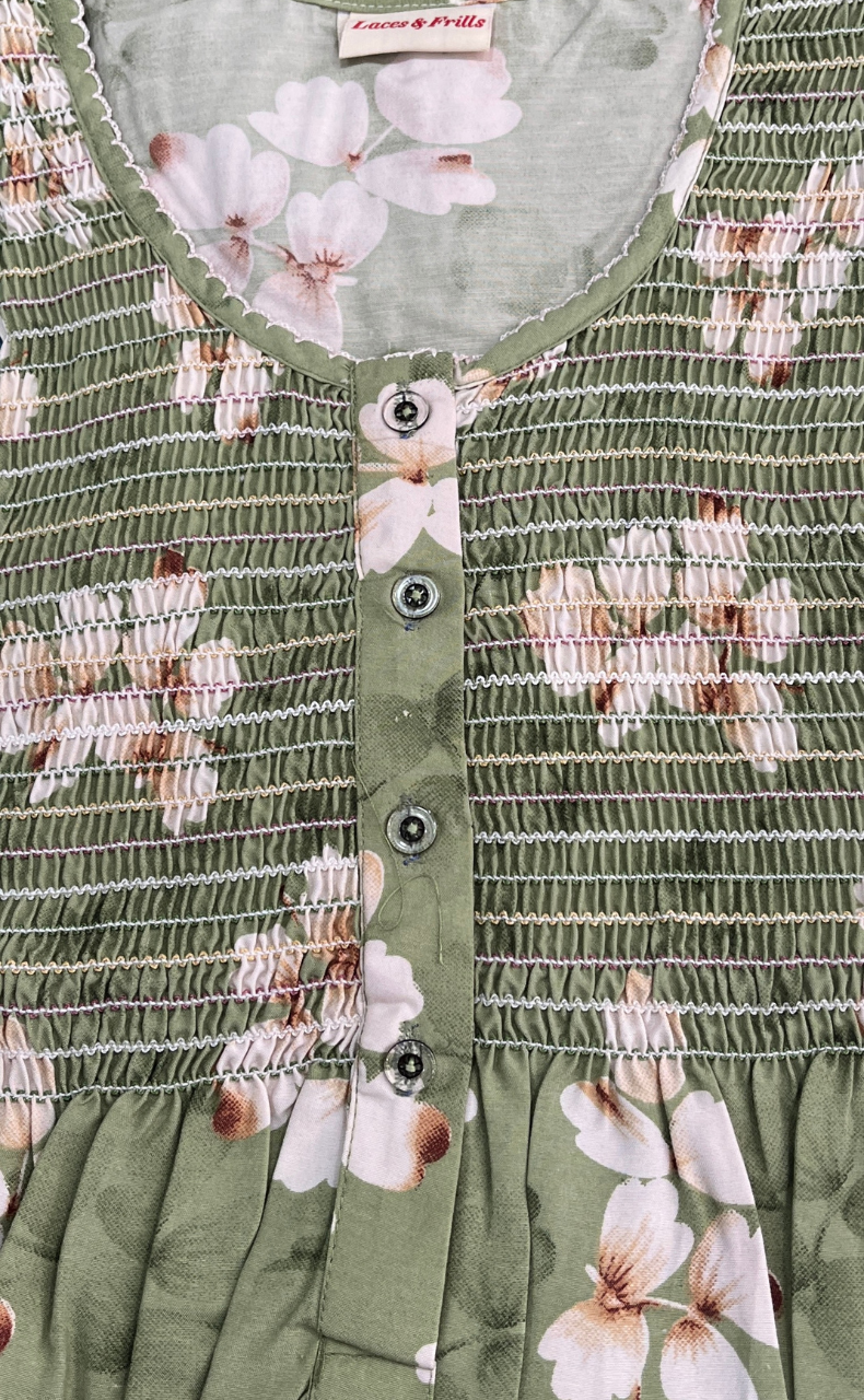 Pista Green Floral Smocking Soft Cotton Nighty. Soft Breathable Fabric | Laces and Frills