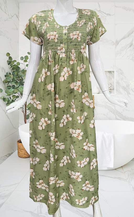 Pista Green Floral Smocking Soft Cotton Nighty. Soft Breathable Fabric | Laces and Frills