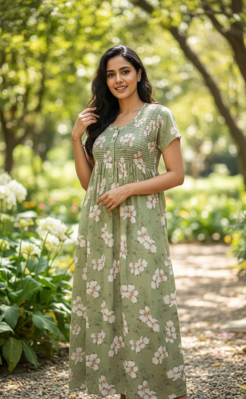 Pista Green Floral Smocking Soft Cotton Nighty. Soft Breathable Fabric | Laces and Frills