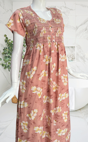 Ballerina Pink Floral Smocking Soft Cotton Nighty. Soft Breathable Fabric | Laces and Frills