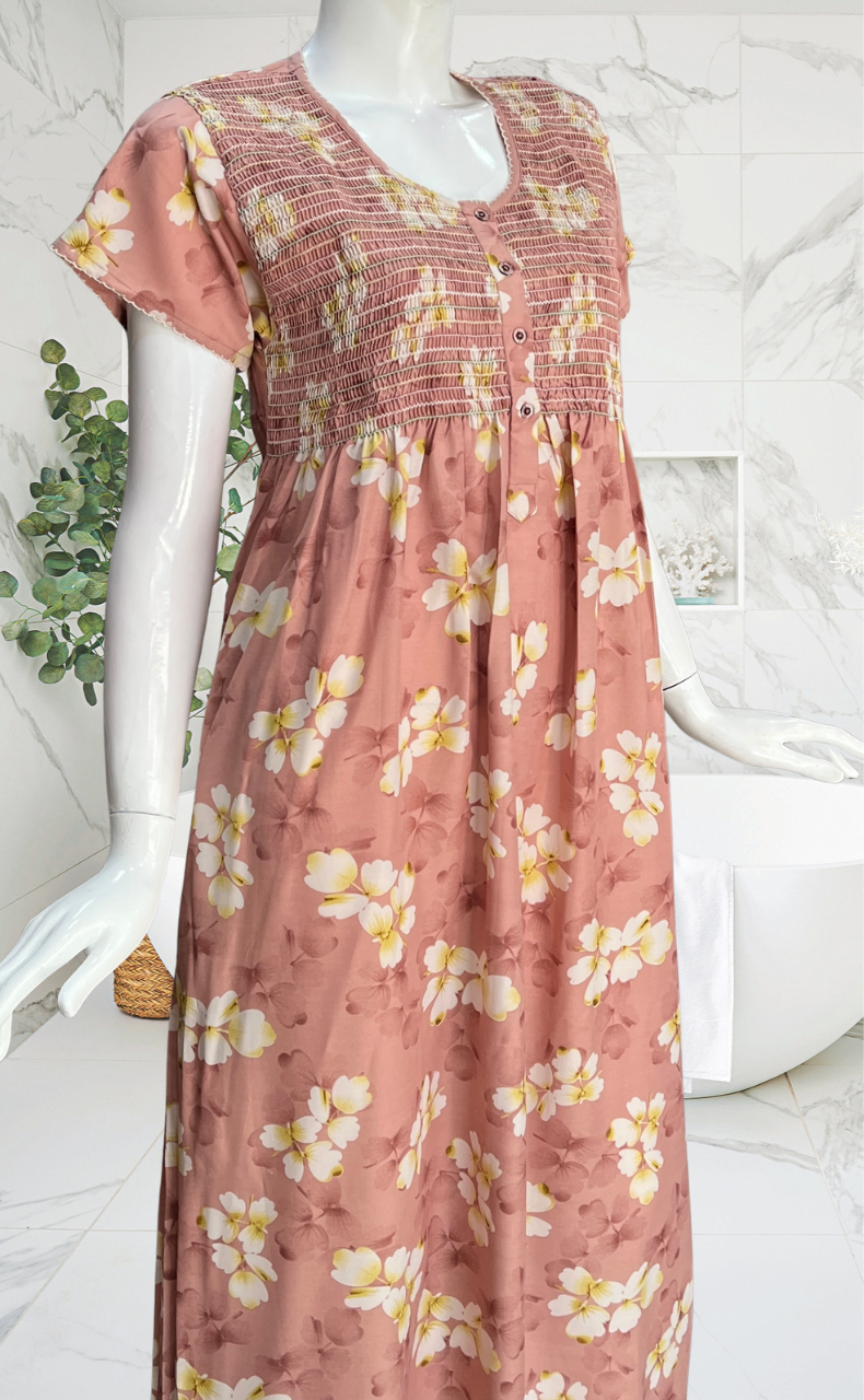 Ballerina Pink Floral Smocking Soft Cotton Nighty. Soft Breathable Fabric | Laces and Frills