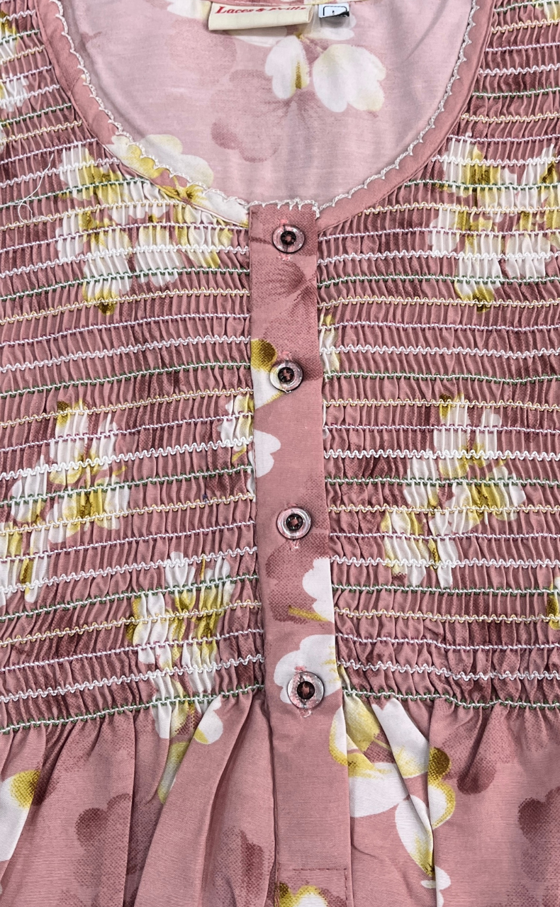 Ballerina Pink Floral Smocking Soft Cotton Nighty. Soft Breathable Fabric | Laces and Frills