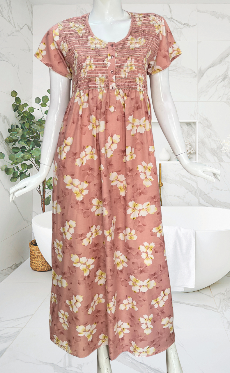 Ballerina Pink Floral Smocking Soft Cotton Nighty. Soft Breathable Fabric | Laces and Frills