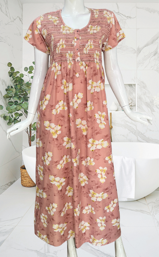 Ballerina Pink Floral Smocking Soft Cotton Nighty. Soft Breathable Fabric | Laces and Frills