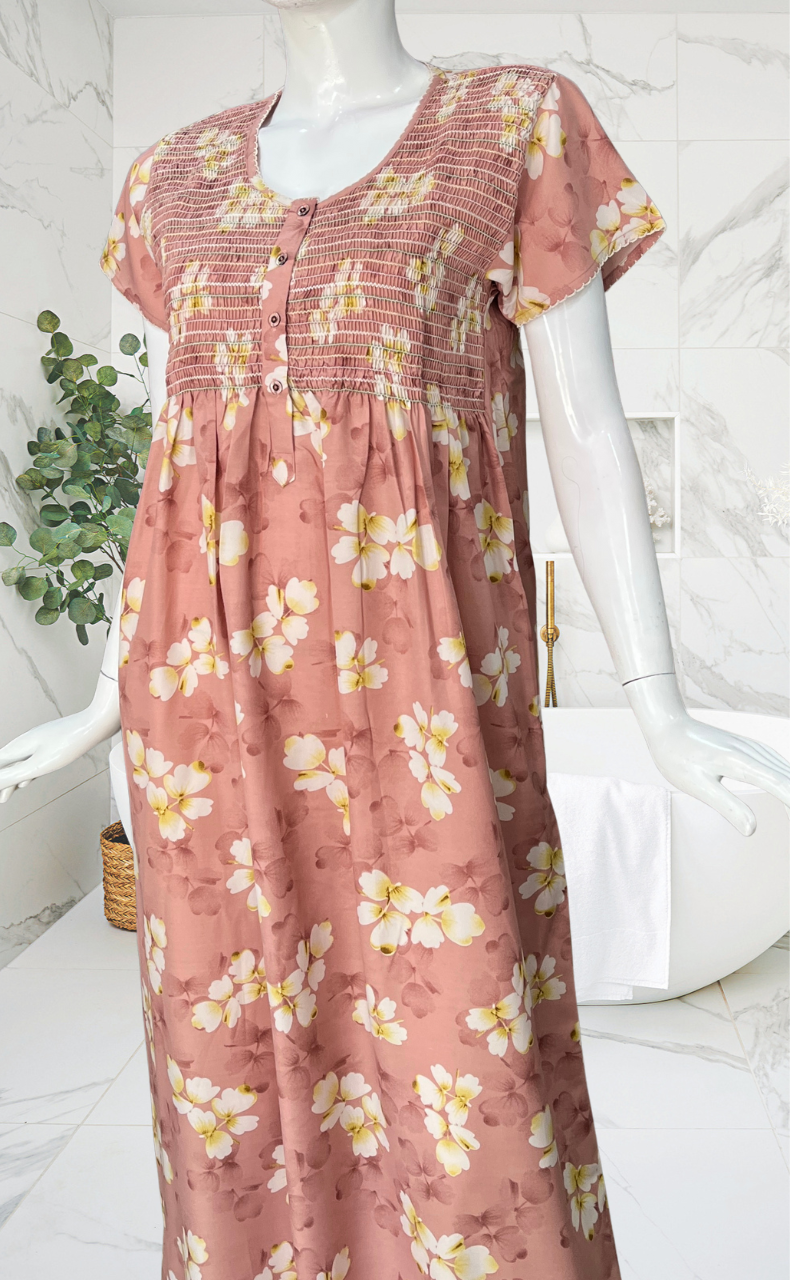 Ballerina Pink Floral Smocking Soft Cotton Nighty. Soft Breathable Fabric | Laces and Frills