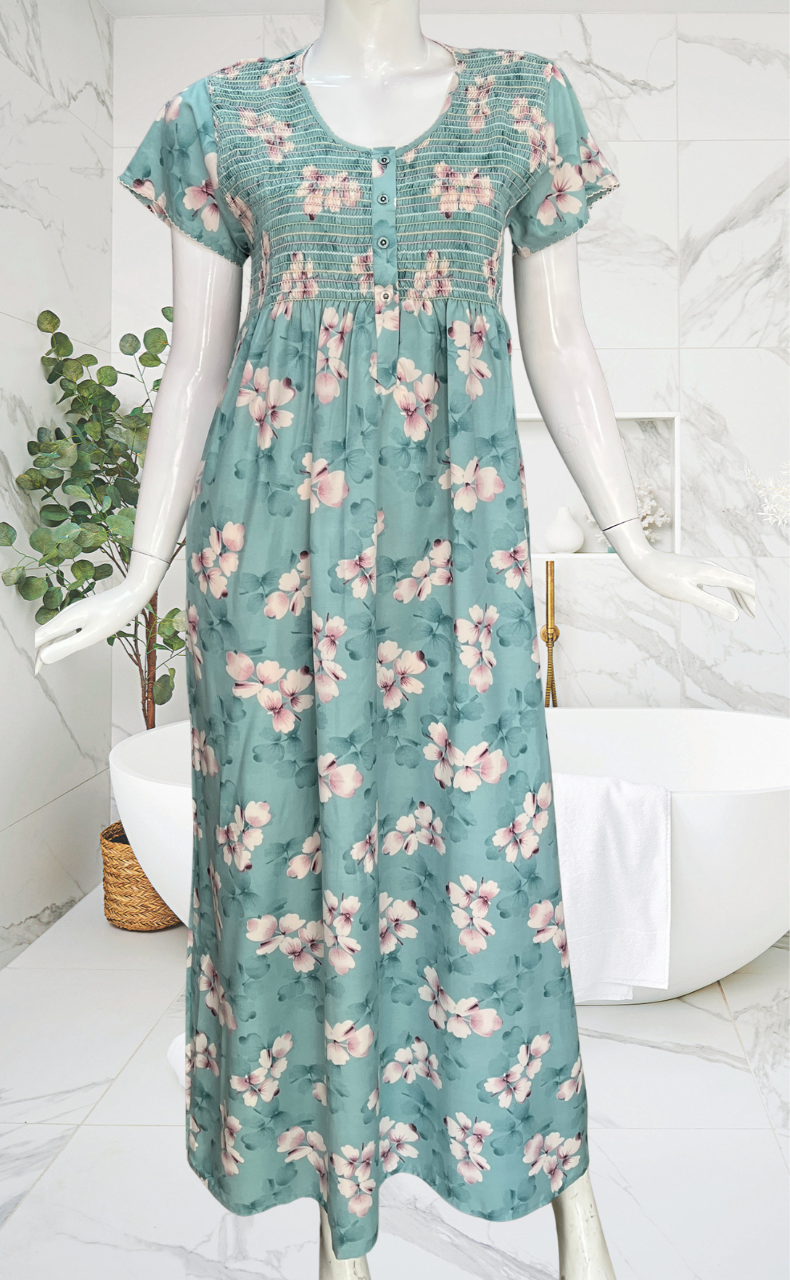 Bermuda Colour Smocking Soft Cotton Nighty. Soft Breathable Fabric | Laces and Frills