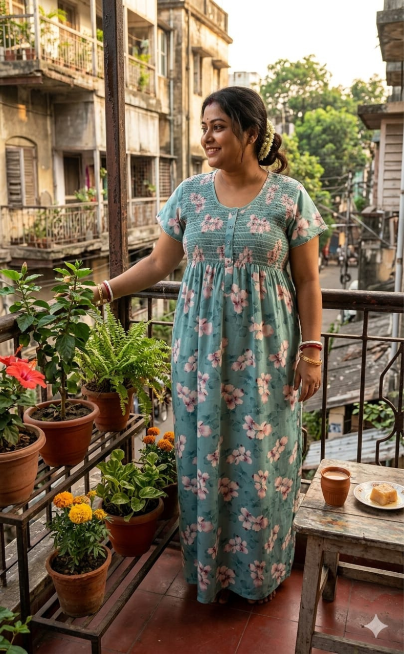 Sea Green Floral Smocking Soft Cotton Nighty. Soft Breathable Fabric | Laces and Frills - Laces and Frills