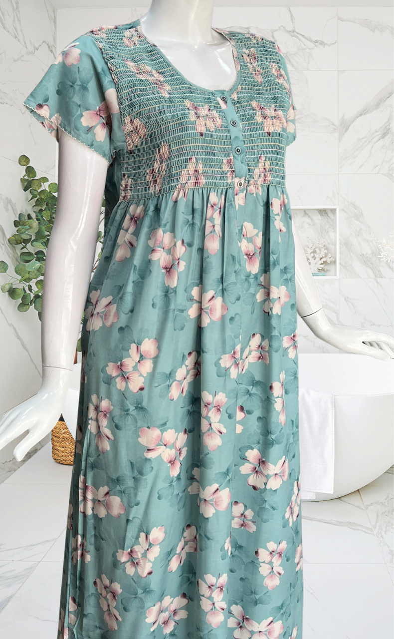 Bermuda Colour Smocking Soft Cotton Nighty. Soft Breathable Fabric | Laces and Frills