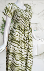 Olive Green Shibori Print Smocking Soft Cotton Nighty. Soft Breathable Fabric | Laces and Frills