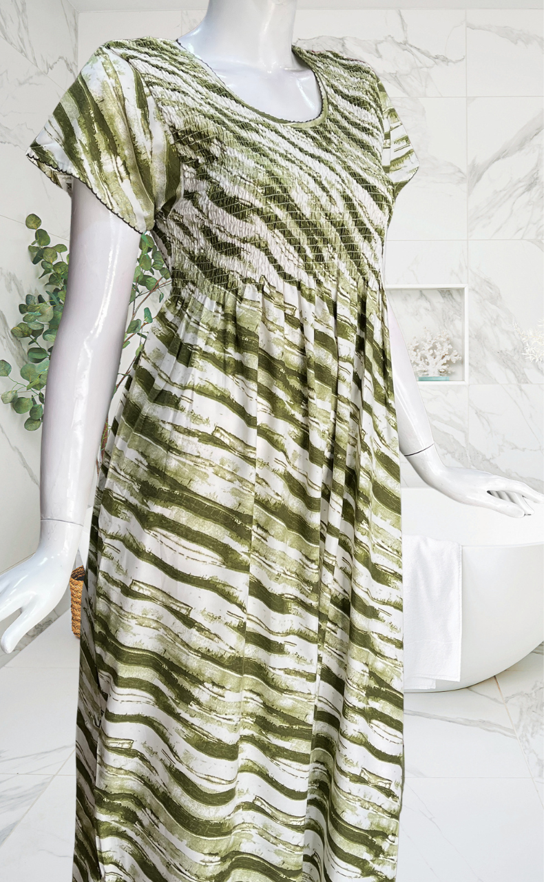 Olive Green Shibori Print Smocking Soft Cotton Nighty. Soft Breathable Fabric | Laces and Frills