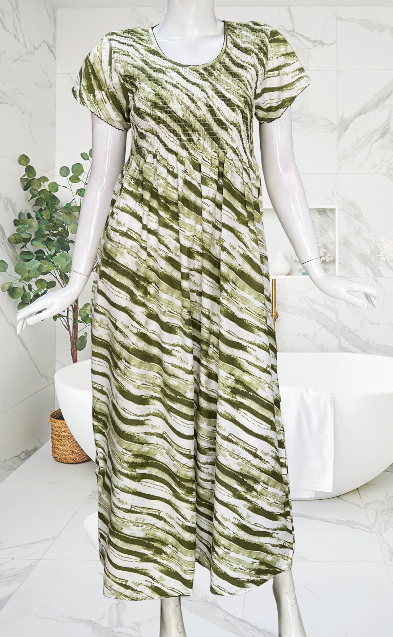 Olive Green Shibori Print Smocking Soft Cotton Nighty. Soft Breathable Fabric | Laces and Frills