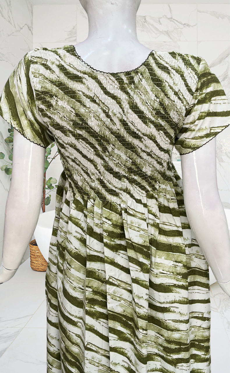 Olive Green Shibori Print Smocking Soft Cotton Nighty. Soft Breathable Fabric | Laces and Frills