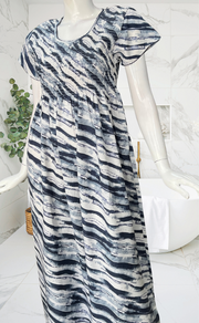 Navy Blue Shibori Print Smocking Soft Cotton Nighty. Soft Breathable Fabric | Laces and Frills