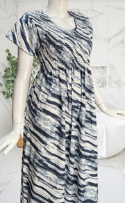 Navy Blue Shibori Print Smocking Soft Cotton Nighty. Soft Breathable Fabric | Laces and Frills