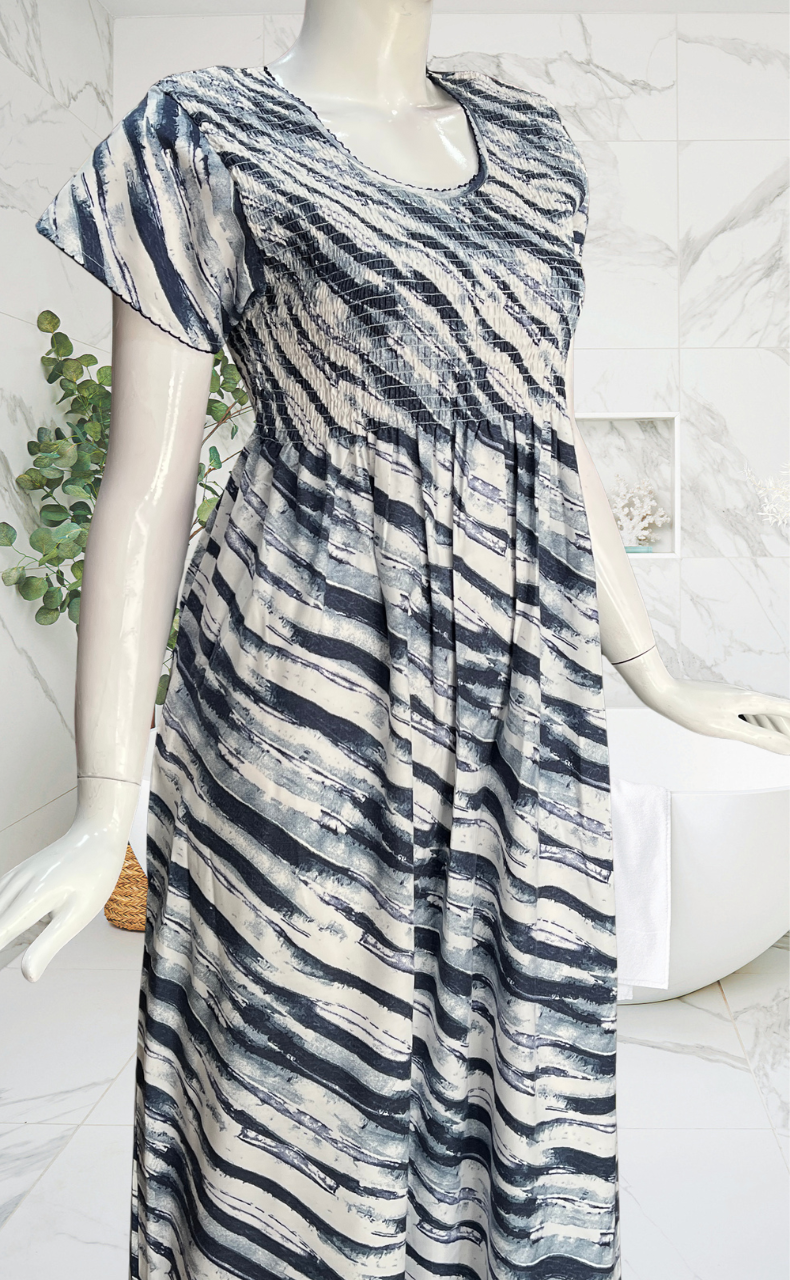 Navy Blue Shibori Print Smocking Soft Cotton Nighty. Soft Breathable Fabric | Laces and Frills