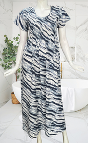 Navy Blue Shibori Print Smocking Soft Cotton Nighty. Soft Breathable Fabric | Laces and Frills