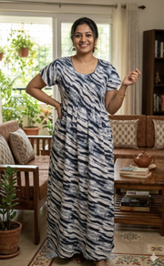 Navy Blue Shibori Print Smocking Soft Cotton Nighty. Soft Breathable Fabric | Laces and Frills - Laces and Frills