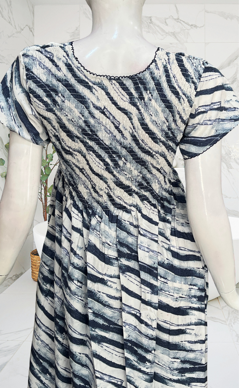 Navy Blue Shibori Print Smocking Soft Cotton Nighty. Soft Breathable Fabric | Laces and Frills