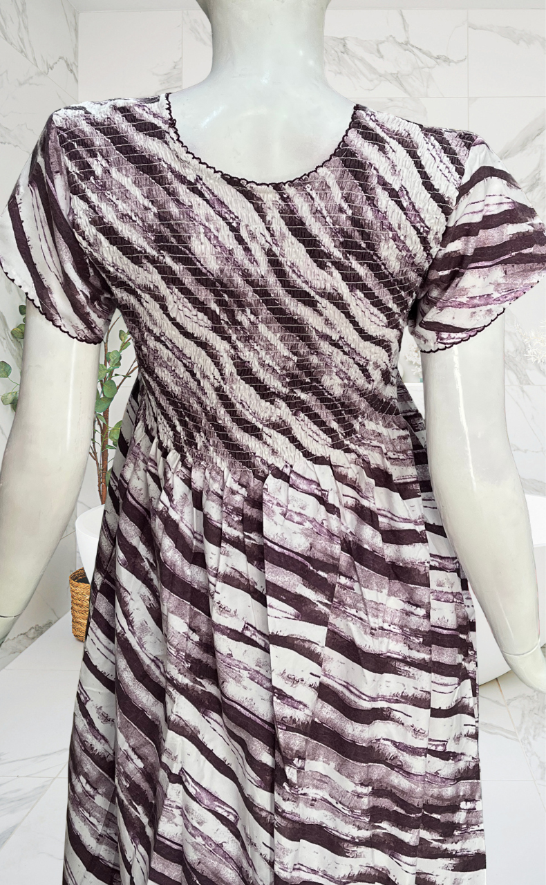 Violet Shibori Print Smocking Soft Cotton Nighty. Soft Breathable Fabric | Laces and Frills