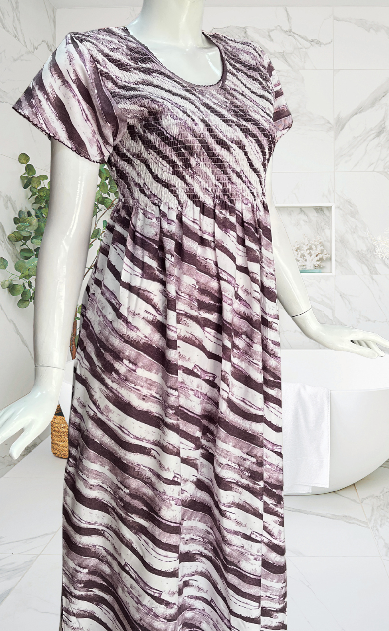 Violet Shibori Print Smocking Soft Cotton Nighty. Soft Breathable Fabric | Laces and Frills