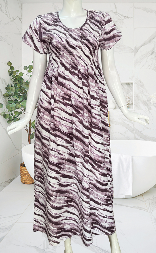 Violet Shibori Print Smocking Soft Cotton Nighty. Soft Breathable Fabric | Laces and Frills