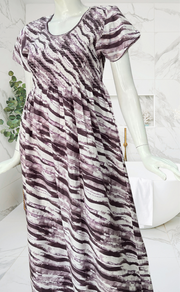 Violet Shibori Print Smocking Soft Cotton Nighty. Soft Breathable Fabric | Laces and Frills