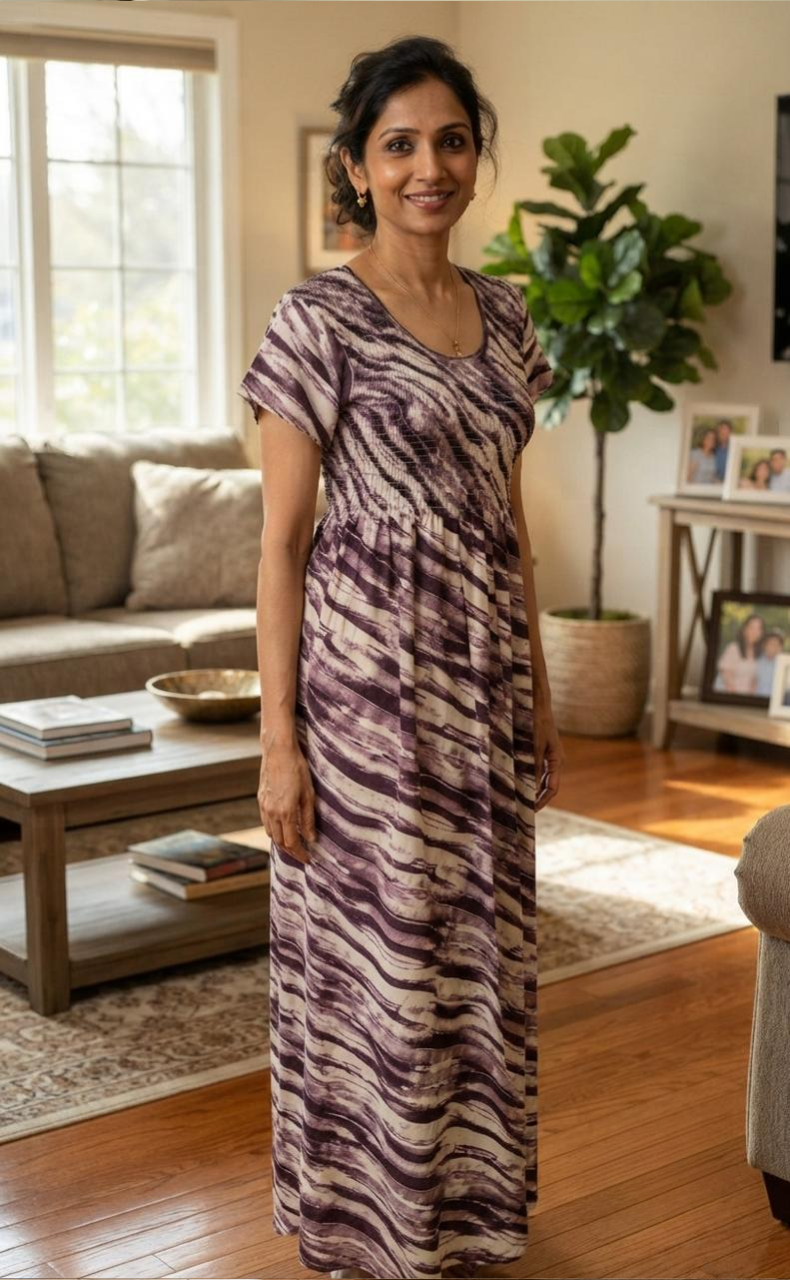 Violet Shibori Print Smocking Soft Cotton Nighty. Soft Breathable Fabric | Laces and Frills