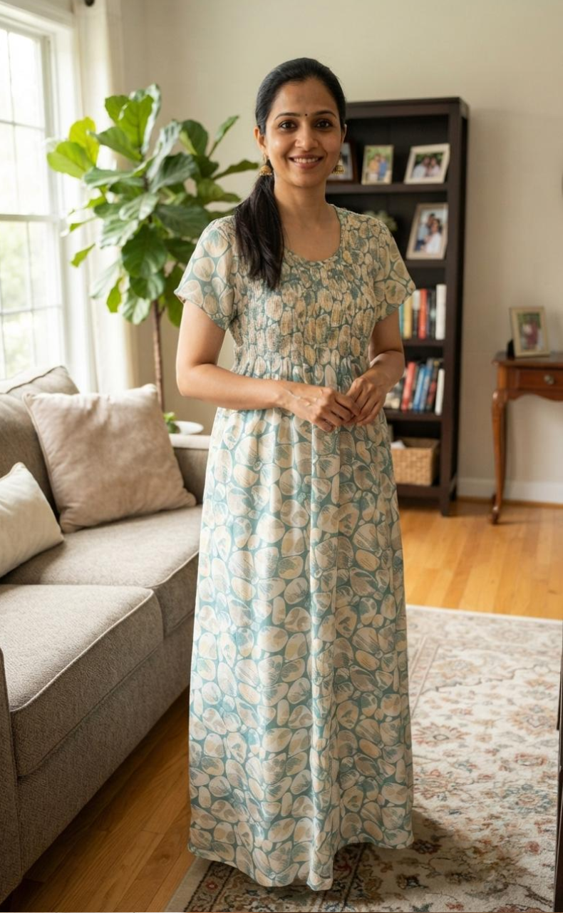 Cruise Colour Mosaic Print Smocking Soft Cotton Nighty. Soft Breathable Fabric | Laces and Frills
