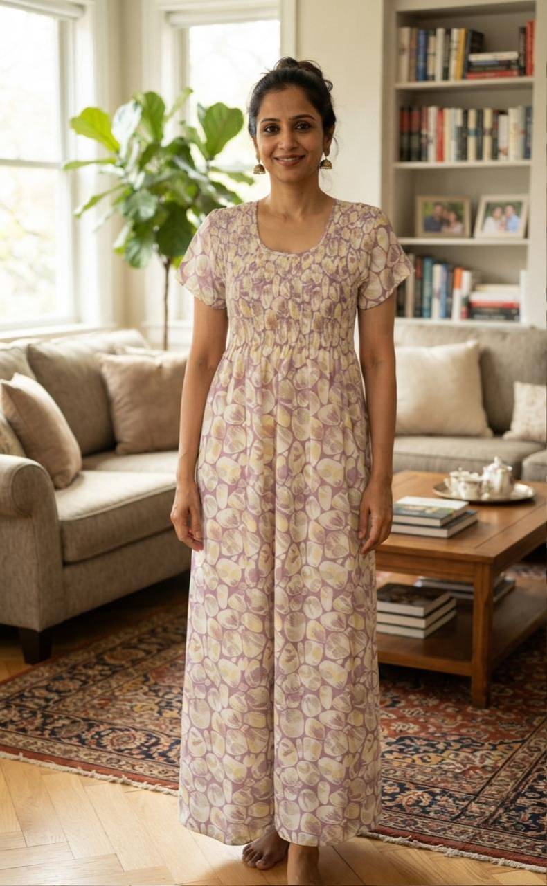 Lavender Mosaic Print Smocking Soft Cotton Nighty. Soft Breathable Fabric | Laces and Frills