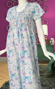 Lavender/Blue Floral Smocking Soft Cotton Nighty. Soft Breathable Fabric | Laces and Frills