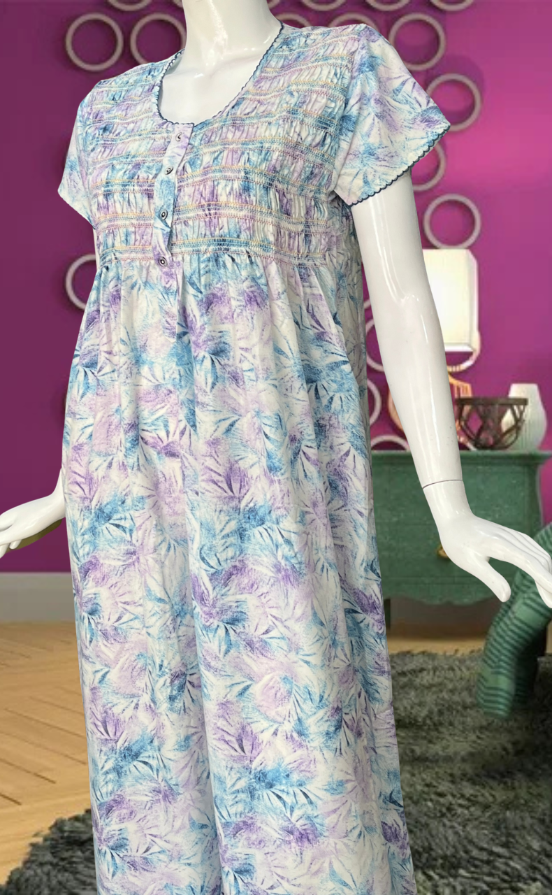 Lavender/Blue Floral Smocking Soft Cotton Nighty. Soft Breathable Fabric | Laces and Frills