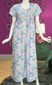 Lavender/Blue Floral Smocking Soft Cotton Nighty. Soft Breathable Fabric | Laces and Frills