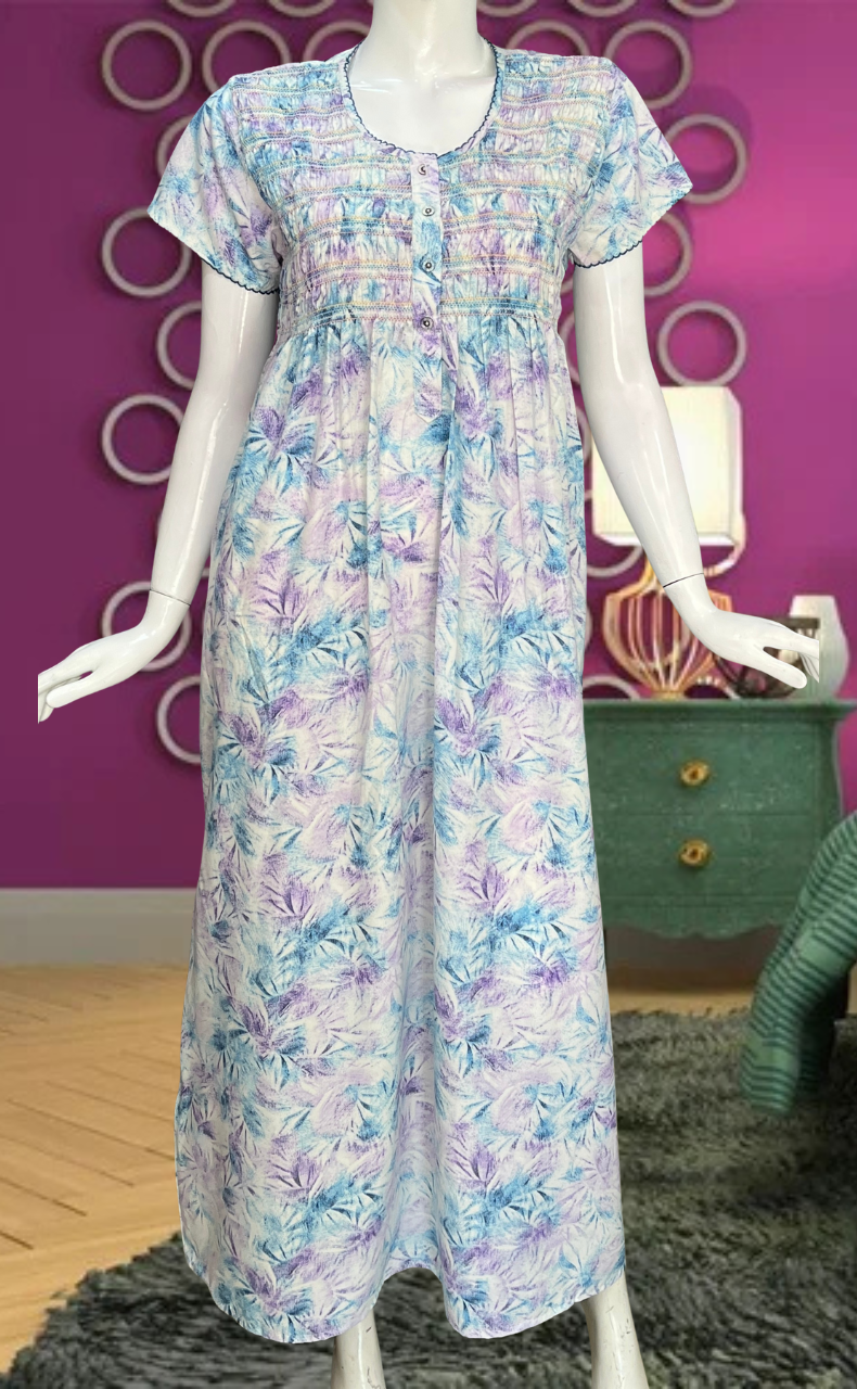 Lavender/Blue Floral Smocking Soft Cotton Nighty. Soft Breathable Fabric | Laces and Frills